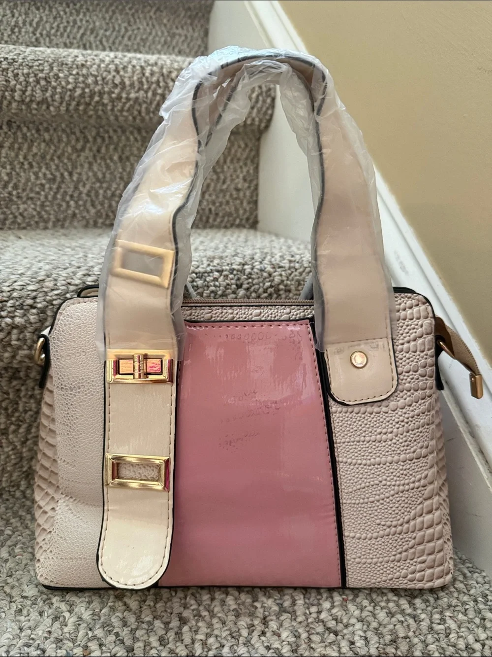 Beige & Pink Structured Satchel with Matching Wallet